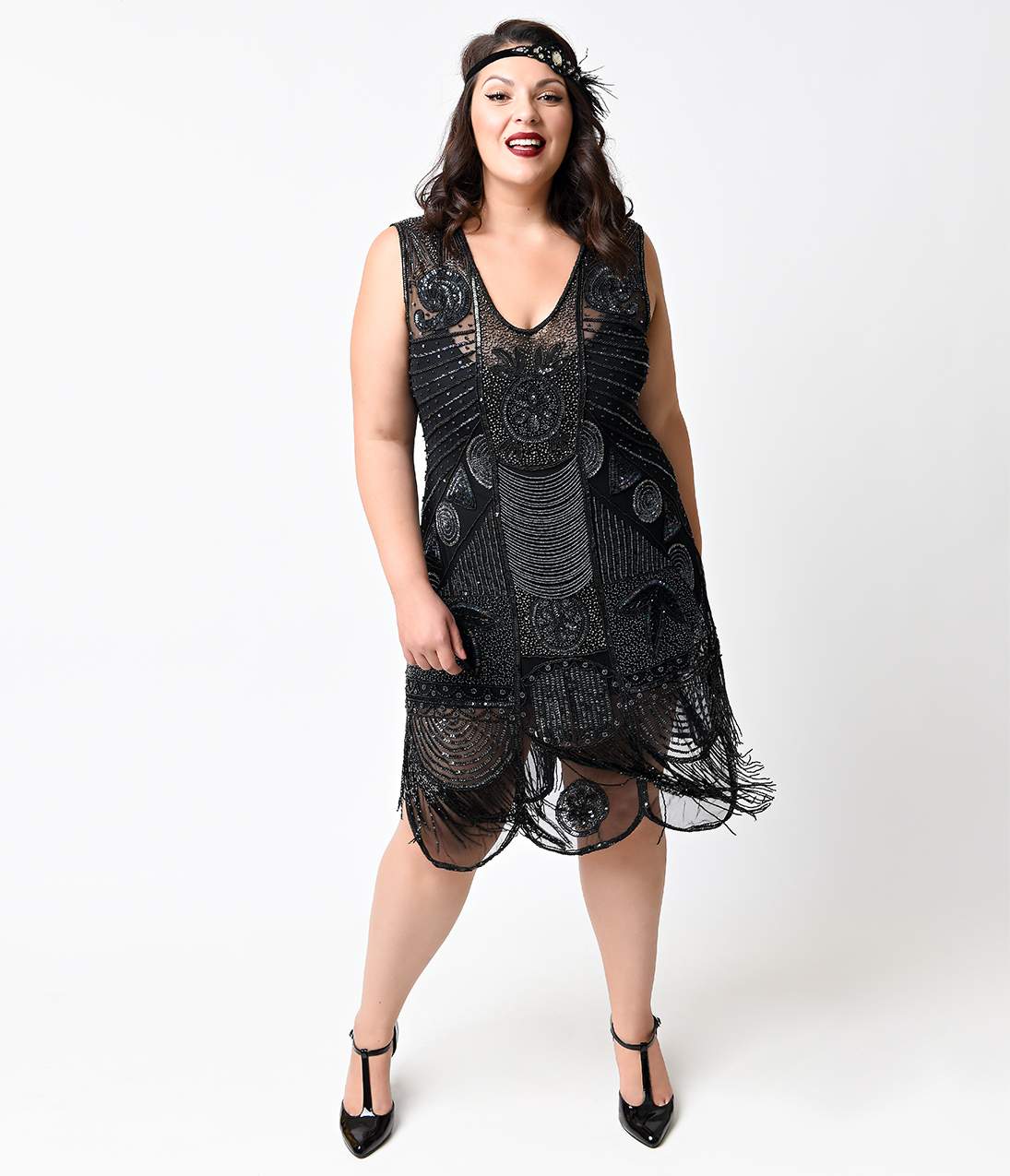 Unique Vintage Plus Size 1920s Style Black Hand Beaded Fringe Bosley Flapper Dress - Unique Vintage - Womens, FLAPPER