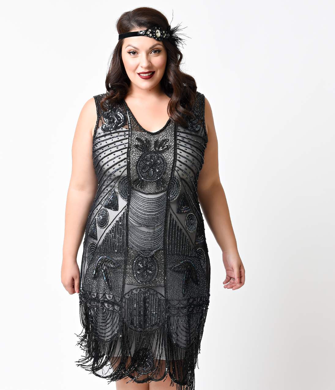 Unique Vintage Plus Size 1920s Style Black Hand Beaded Fringe Bosley Flapper Dress - Unique Vintage - Womens, FLAPPER