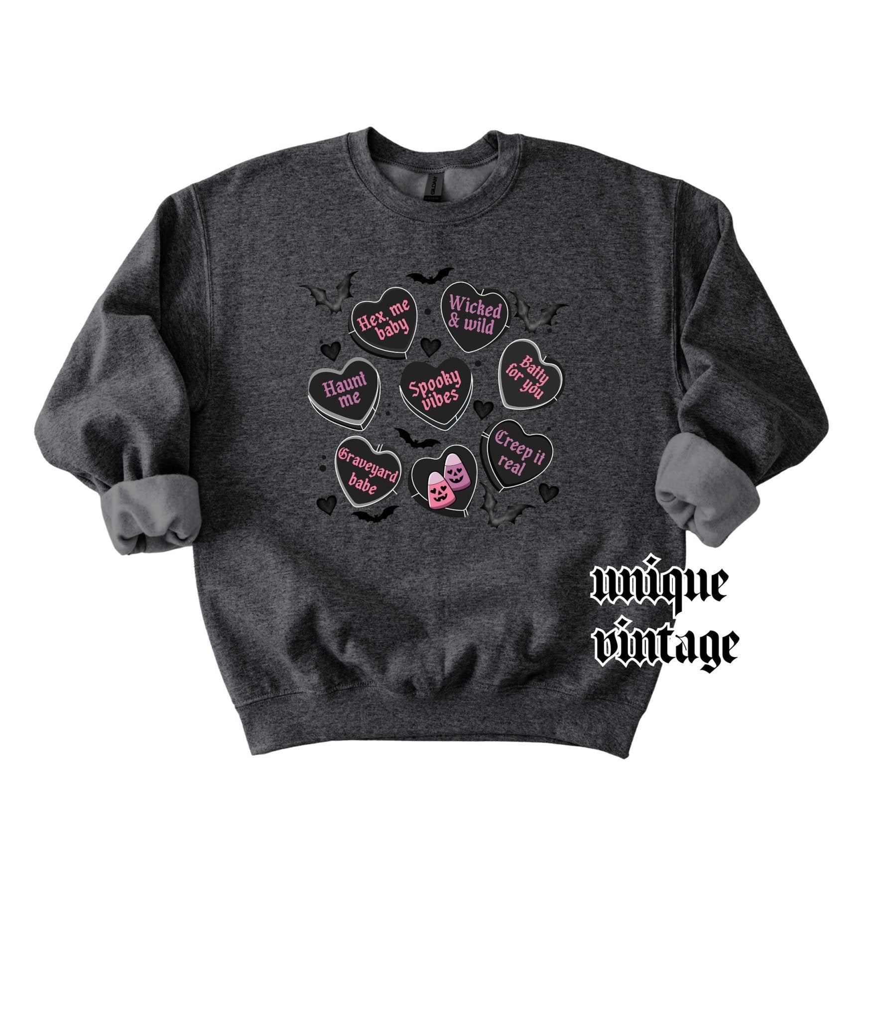 Spooky Hearts Unisex Graphic Sweatshirt - Unique Vintage - Womens, GRAPHIC TEES, SWEATSHIRTS