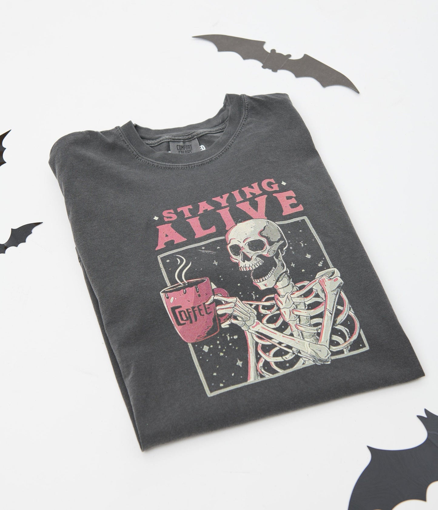 Staying Alive Coffee Skeleton Unisex Tee - Unique Vintage - Womens, HALLOWEEN, GRAPHIC TEES