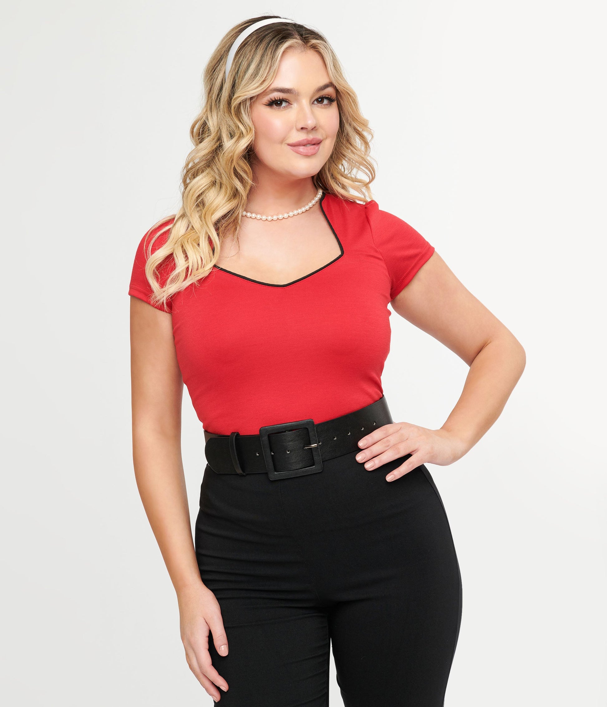 Steady 1950s Red & Black Piped Sophia Top - Unique Vintage - Womens, TOPS, WOVEN TOPS