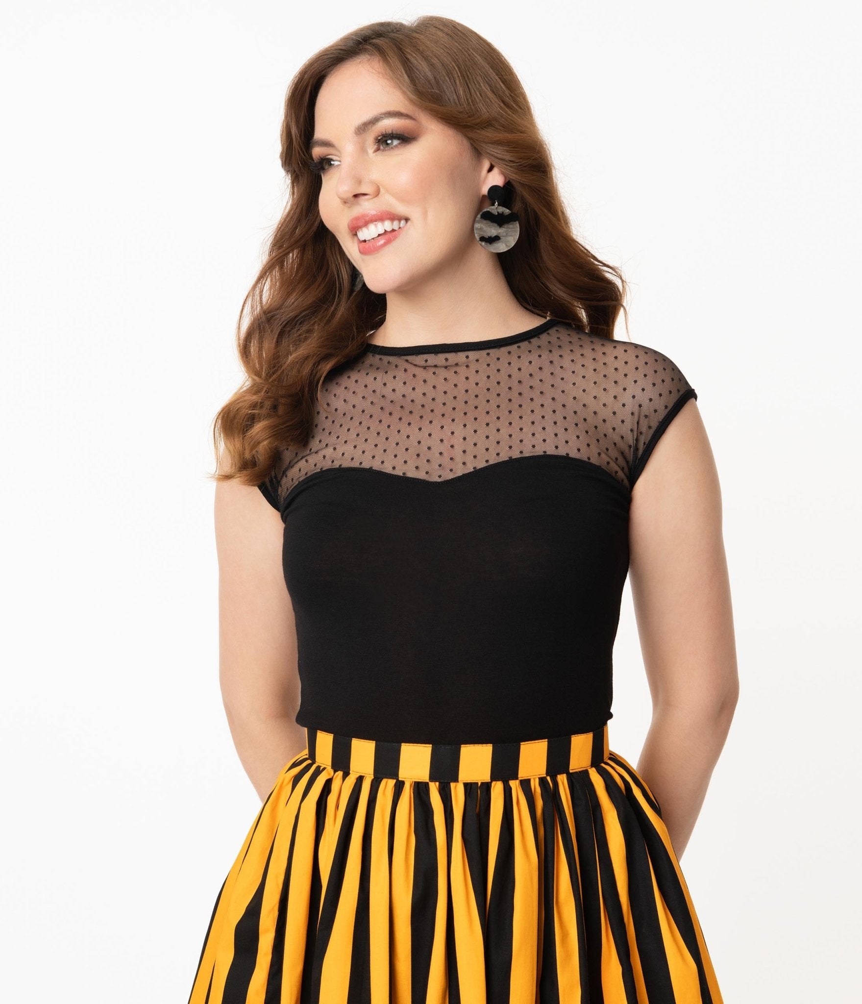 Steady Black Mesh Dot Miss Fancy Knit Top - Unique Vintage - Womens, TOPS, KNIT TOPS