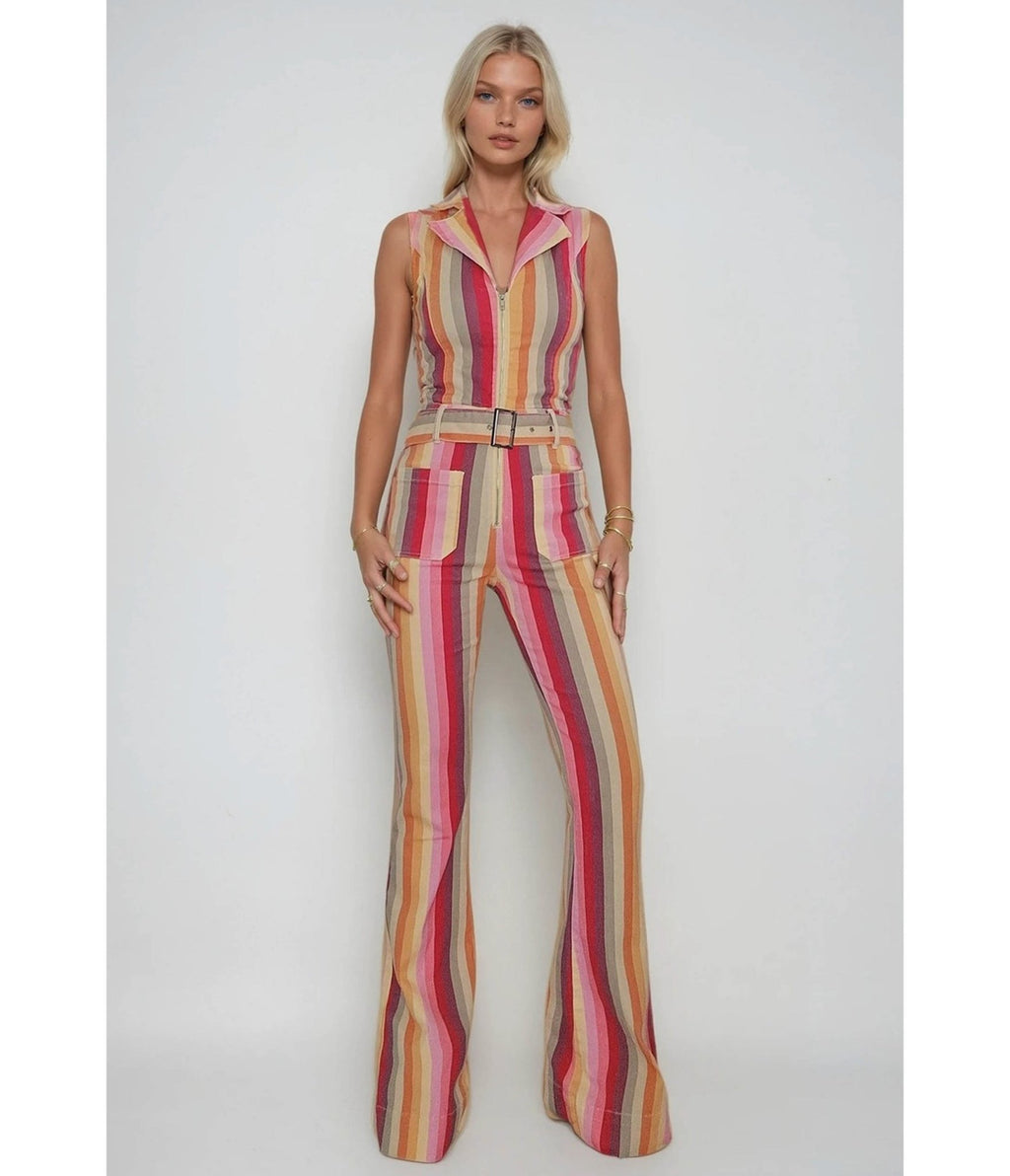Striped Denim Belted Jumpsuit - Unique Vintage - Womens, BOTTOMS, ROMPERS AND JUMPSUITS