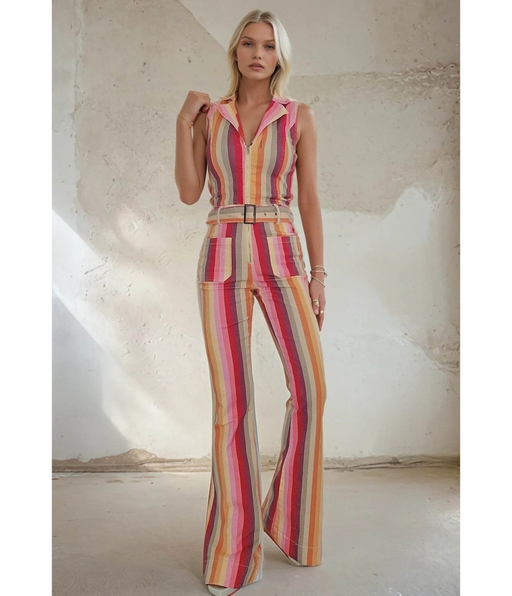 Striped Denim Belted Jumpsuit - Unique Vintage - Womens, BOTTOMS, ROMPERS AND JUMPSUITS