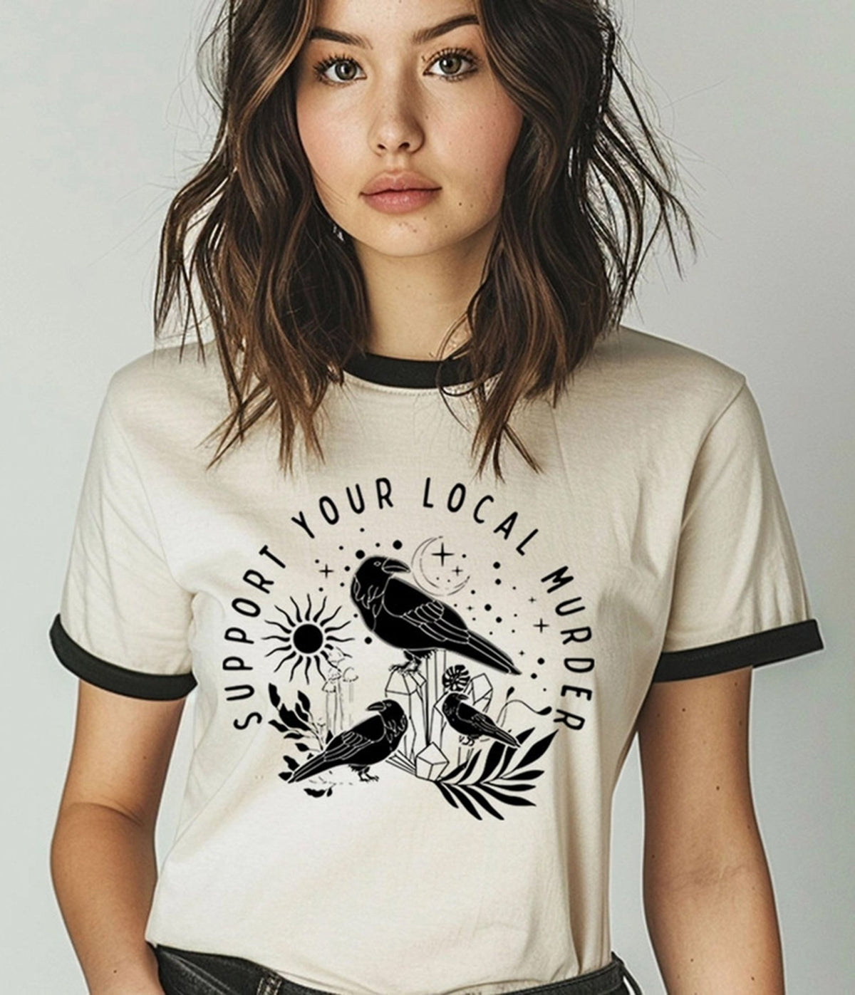 Support Your Local Murder Crow Graphic Ringer Tee - Unique Vintage - Womens, GRAPHIC TEES, TEES