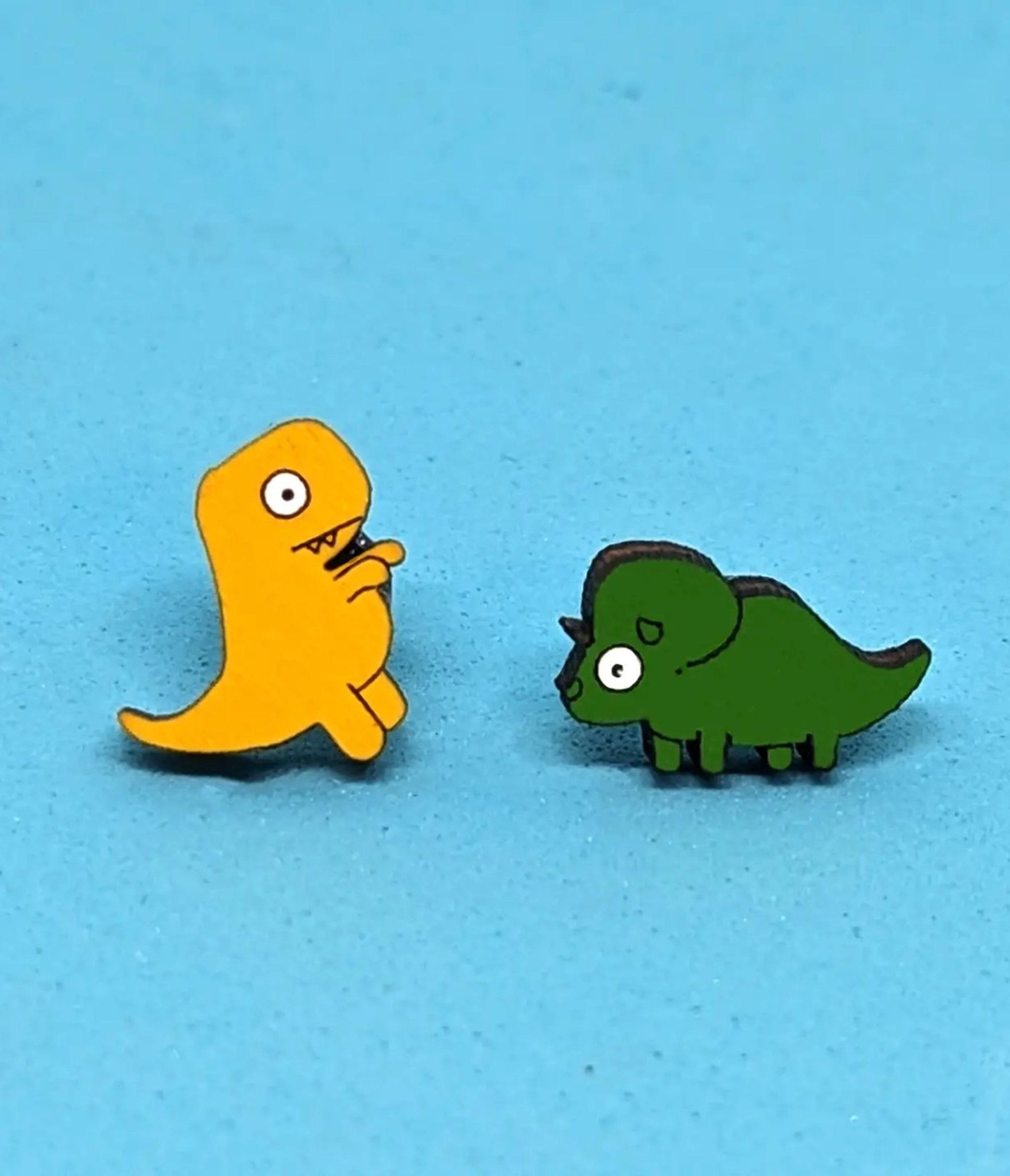 T - Rex & Triceratops Dinosaur Wooden Earrings - Unique Vintage - Womens, ACCESSORIES, JEWELRY