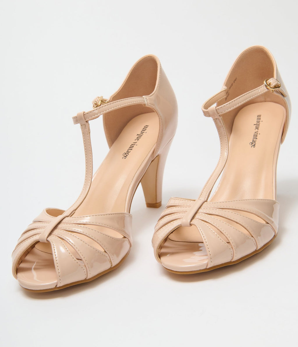T-Strap Beige Patent Peep Toe Heel - Unique Vintage - Womens, SHOES, HEELS