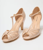 T-Strap Beige Patent Peep Toe Heel - Unique Vintage - Womens, SHOES, HEELS