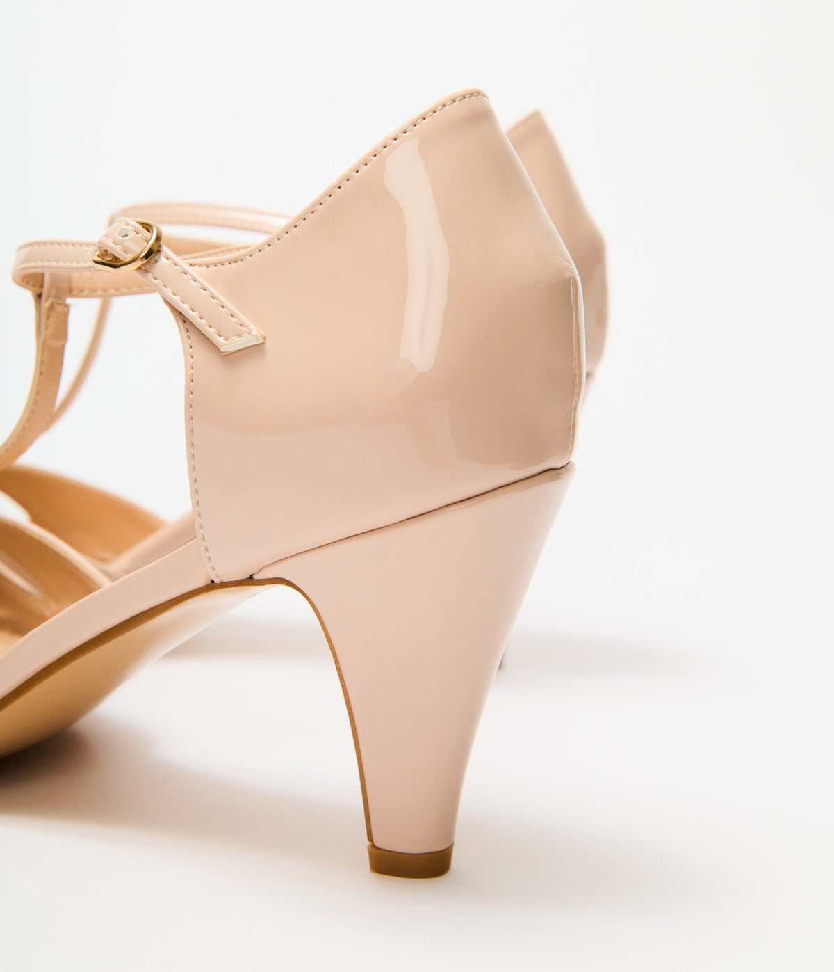 T-Strap Beige Patent Peep Toe Heel - Unique Vintage - Womens, SHOES, HEELS