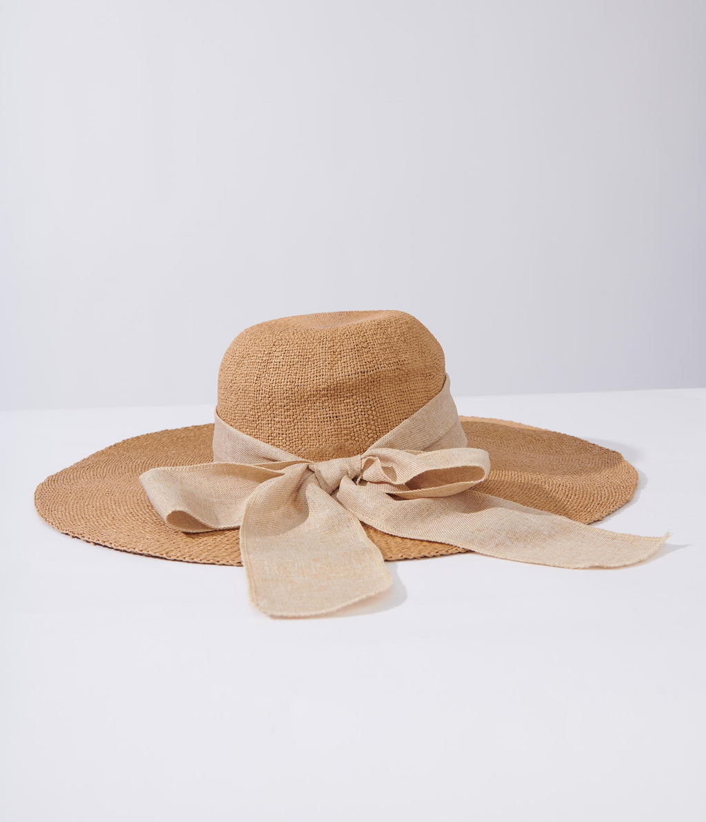 Tan & Beige Bow Toyo Braid Sun Hat - Unique Vintage - Womens, ACCESSORIES, HATS