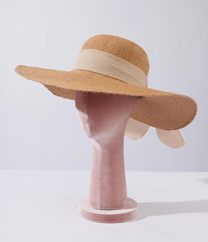 Tan & Beige Bow Toyo Braid Sun Hat - Unique Vintage - Womens, ACCESSORIES, HATS