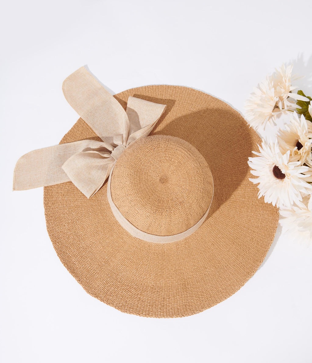 Tan & Beige Bow Toyo Braid Sun Hat - Unique Vintage - Womens, ACCESSORIES, HATS