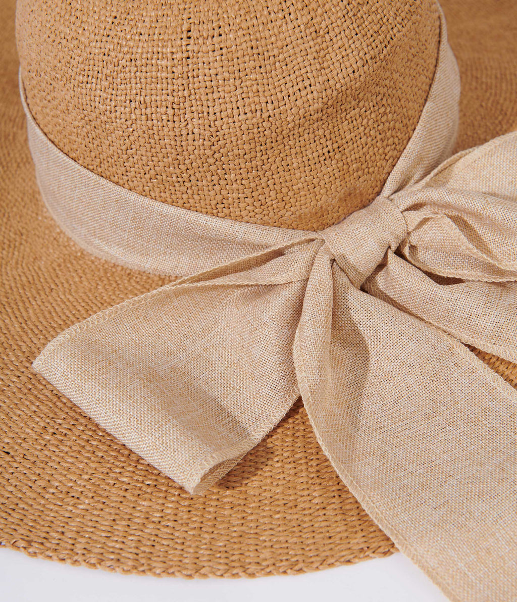 Tan & Beige Bow Toyo Braid Sun Hat - Unique Vintage - Womens, ACCESSORIES, HATS