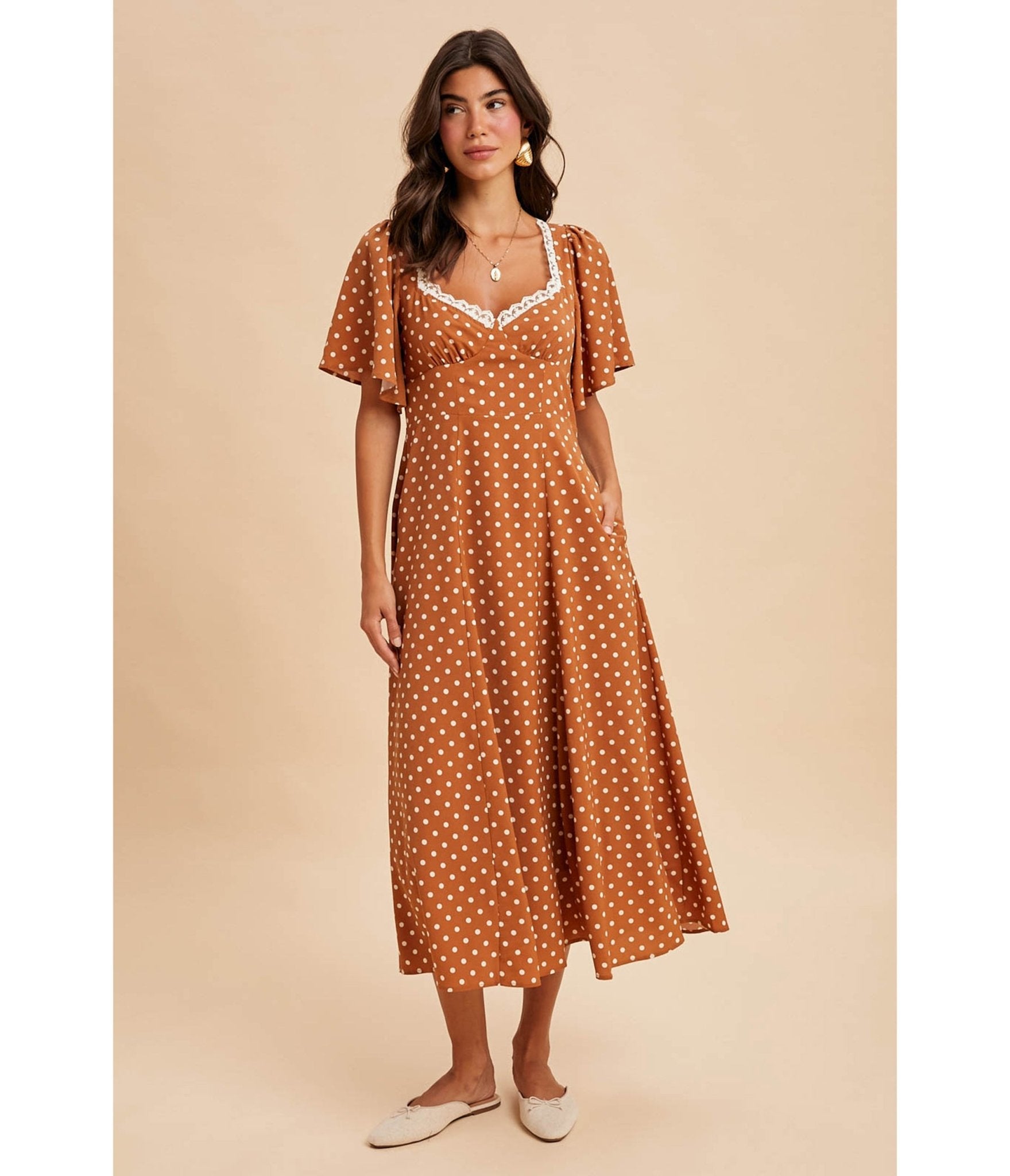 Tan Polka Dot Midi Dress - Unique Vintage - Womens, DRESSES, MIDI
