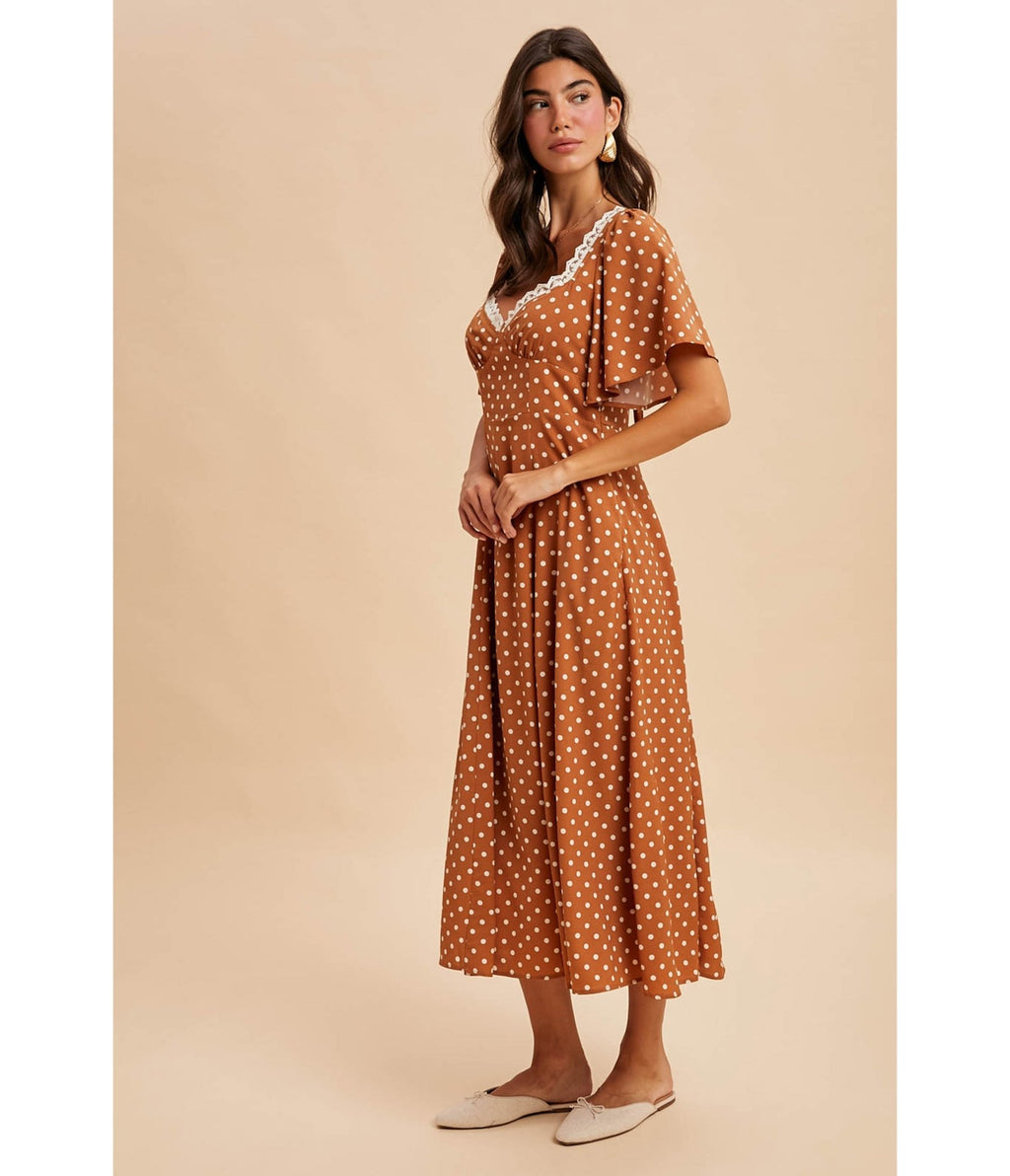 Tan Polka Dot Midi Dress - Unique Vintage - Womens, DRESSES, MIDI