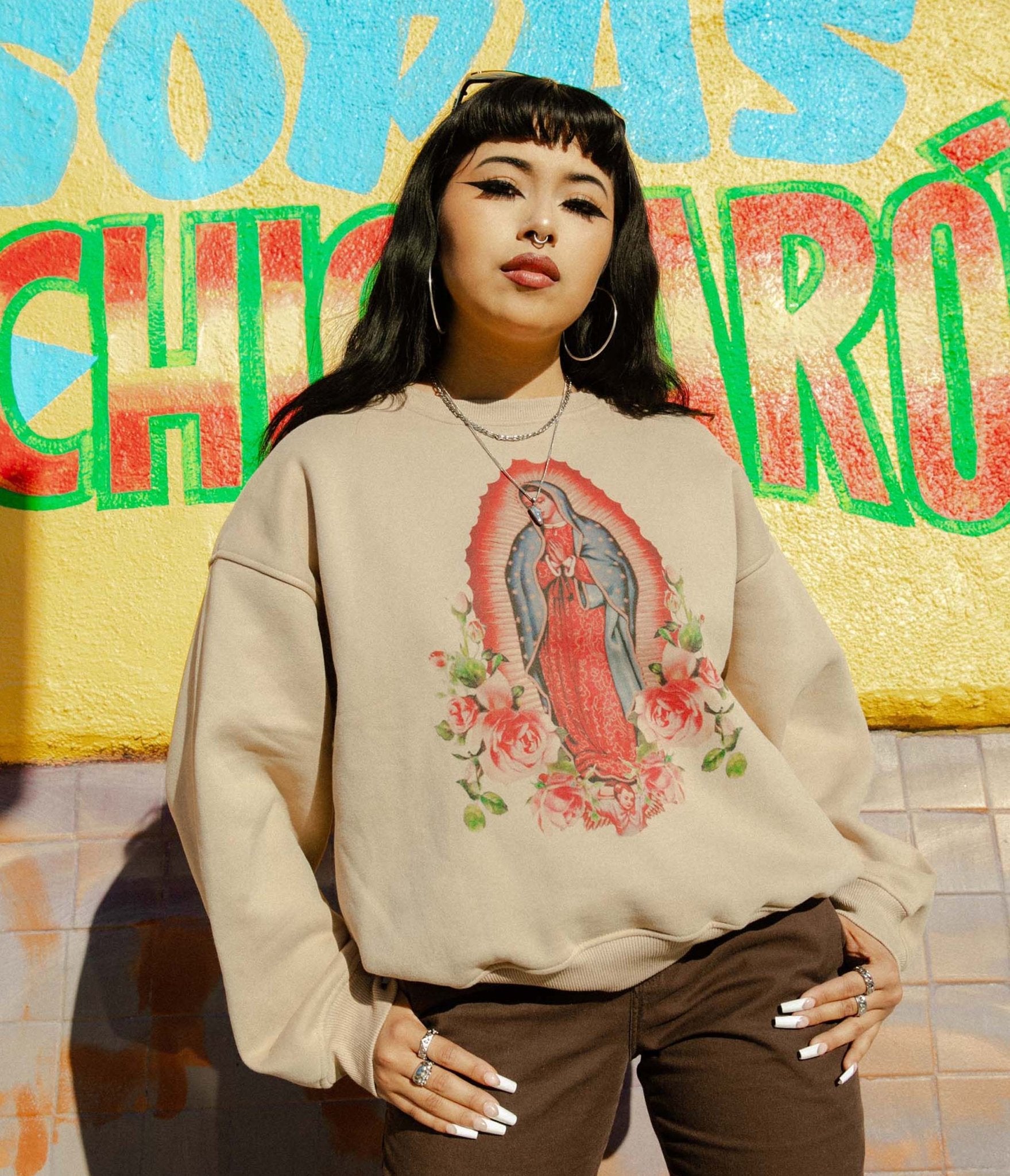 Tan Virgencita Unisex Sweater - Unique Vintage - Womens, TOPS, SWEATERS