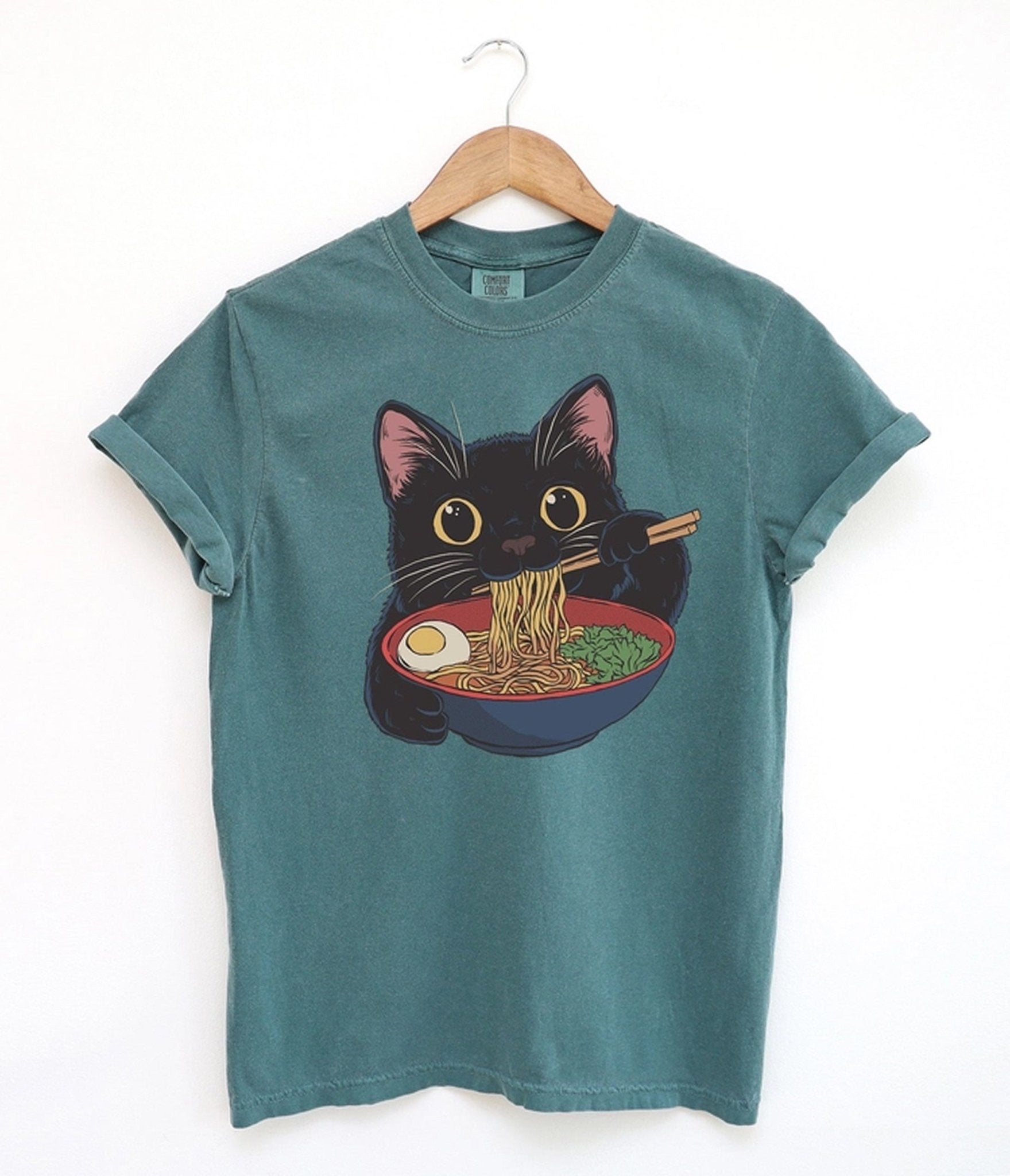 Teal Cat Ramen Graphic Tee - Unique Vintage - Womens, GRAPHIC TEES, TEES