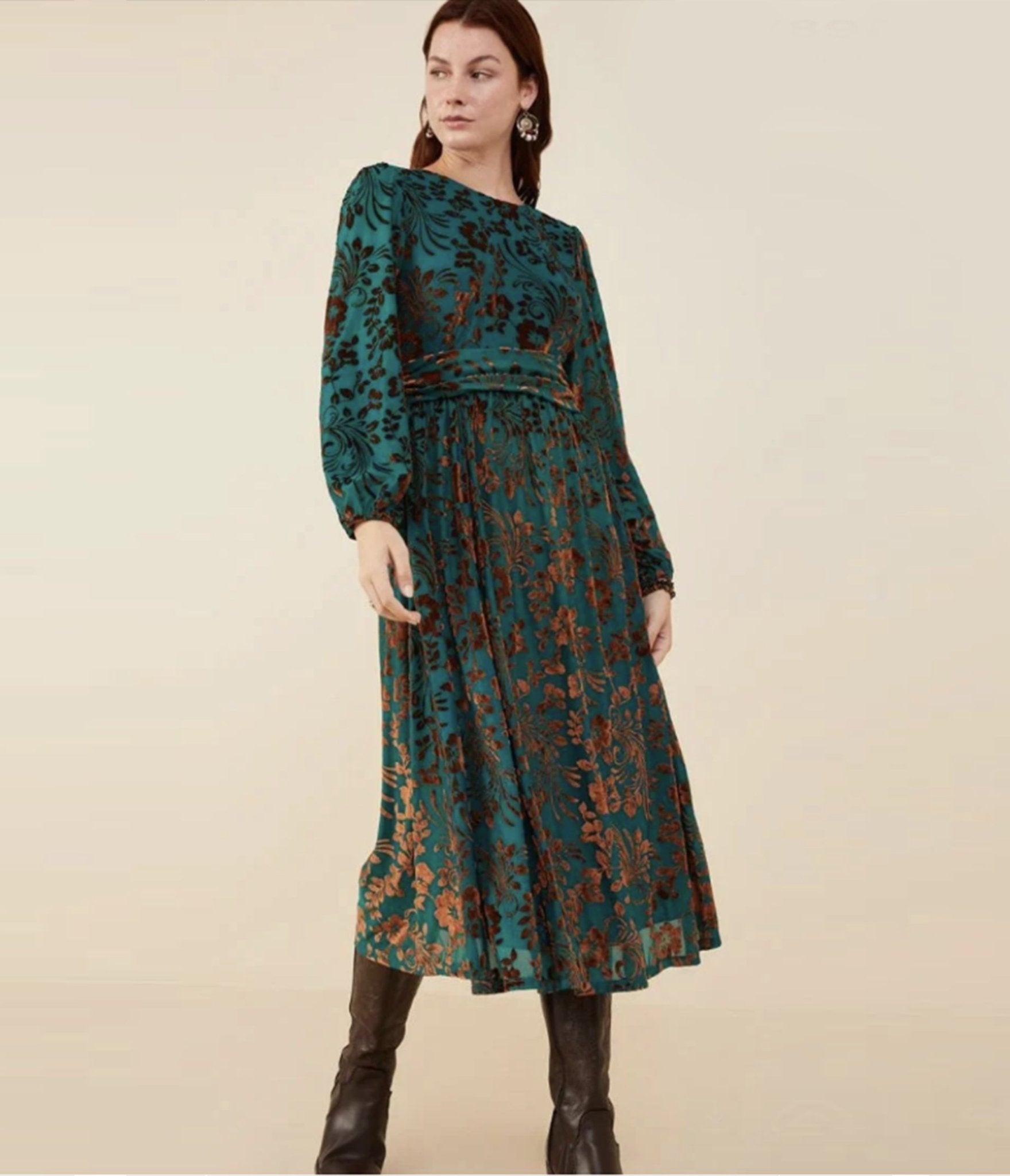 Teal Floral Velvet Burnout Midi Dress - Unique Vintage - Womens, DRESSES, MIDI