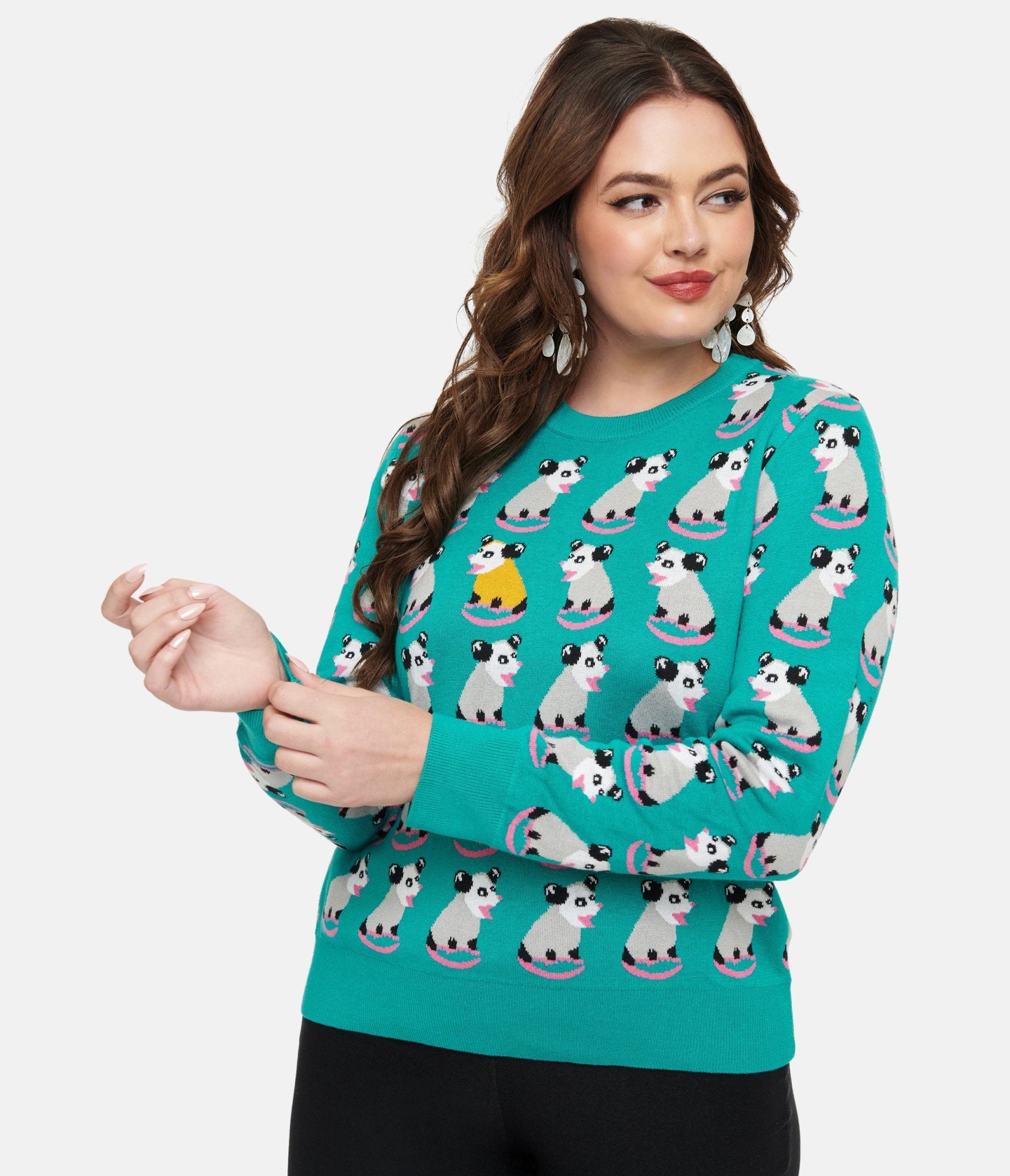 Teal Possum Print Knit Sweater - Unique Vintage - Womens, TOPS, SWEATERS