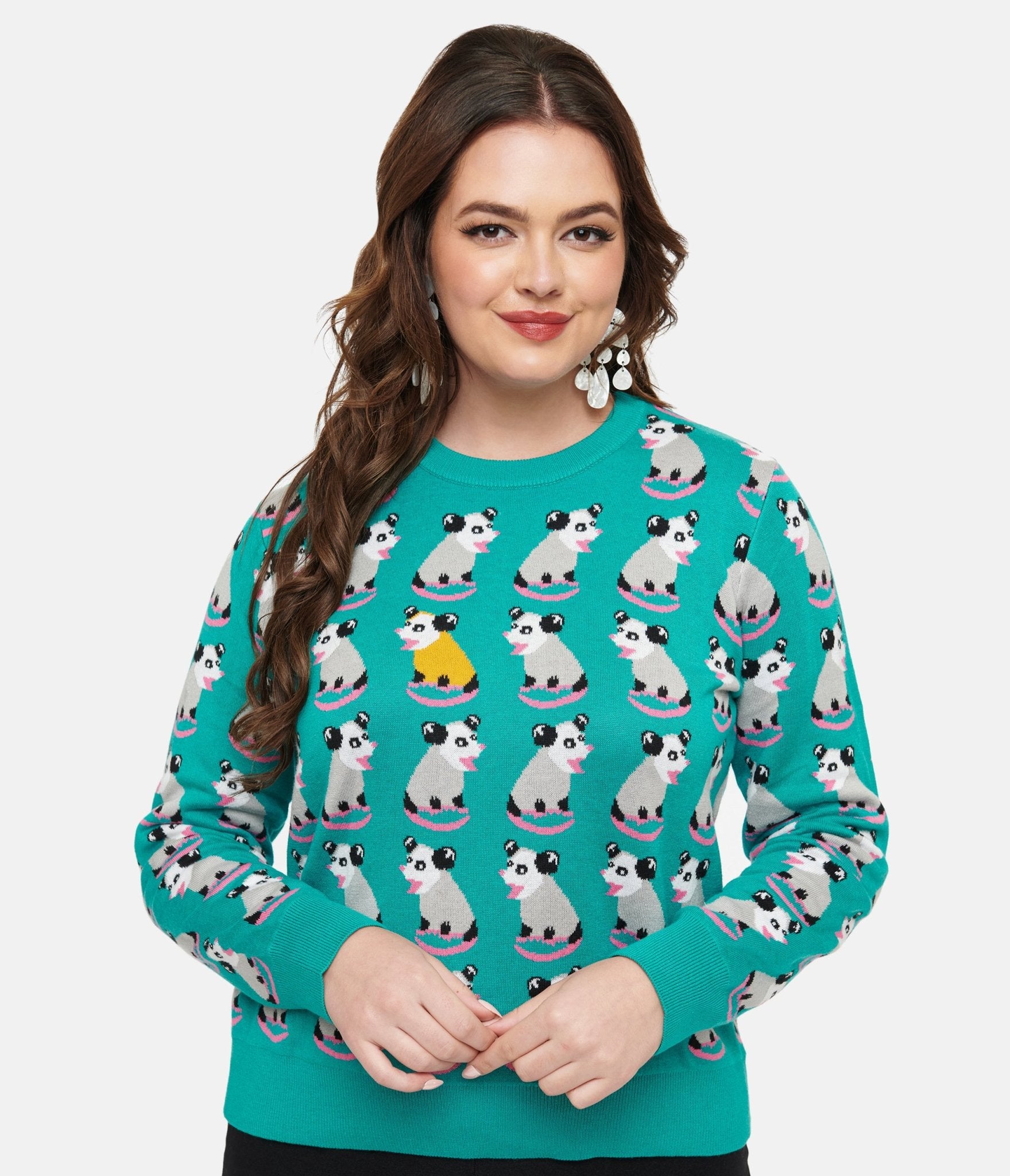 Teal Possum Print Knit Sweater - Unique Vintage - Womens, TOPS, SWEATERS