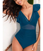 Teal Ruffle Sleeve One Piece Swimsuit - Unique Vintage - Womens, SWIM, 1 PC