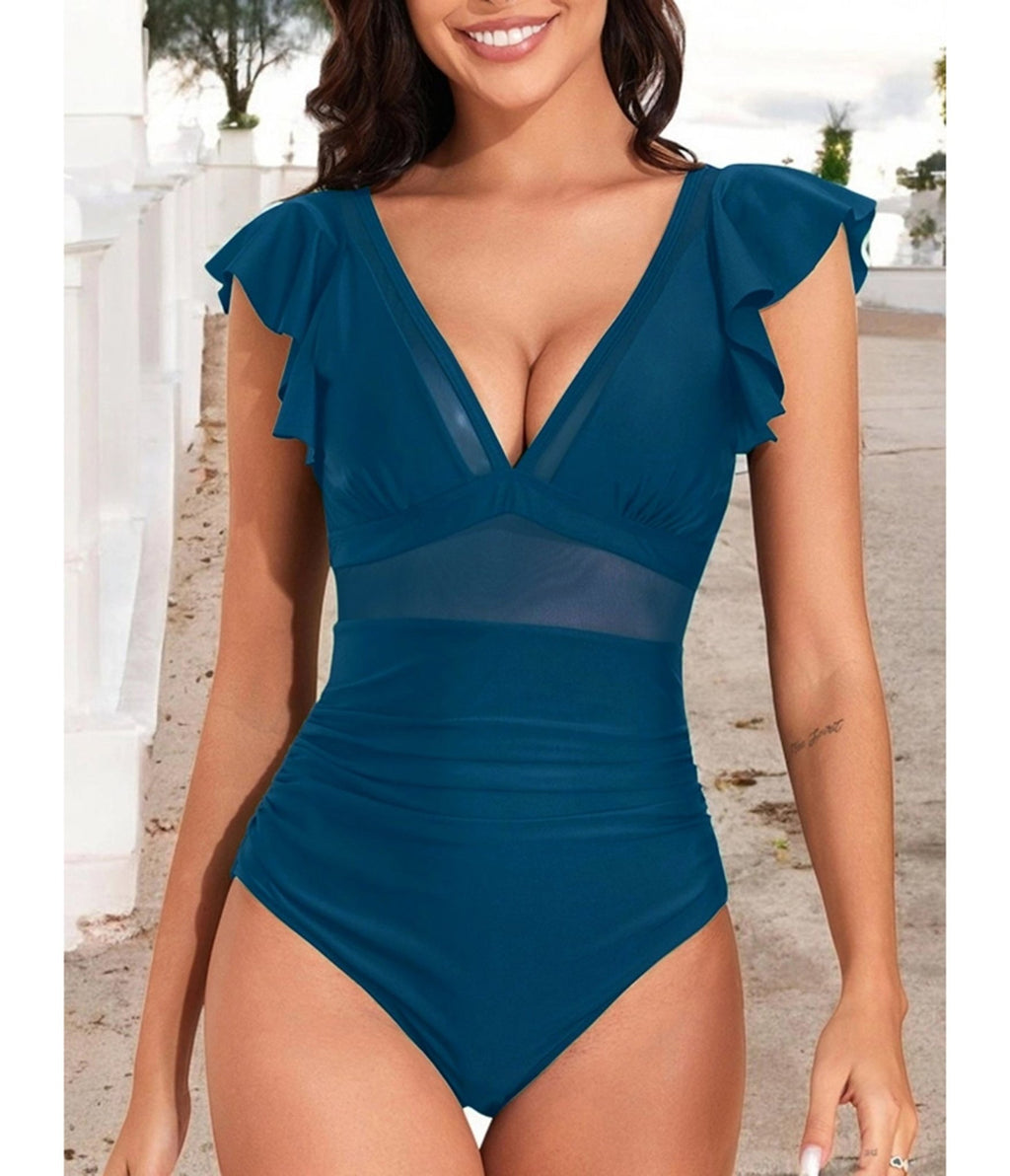 Teal Ruffle Sleeve One Piece Swimsuit - Unique Vintage - Womens, SWIM, 1 PC