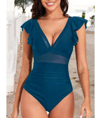 Teal Ruffle Sleeve One Piece Swimsuit - Unique Vintage - Womens, SWIM, 1 PC