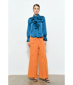 Teal Satin Ruffle Blouse - Unique Vintage - Blouses