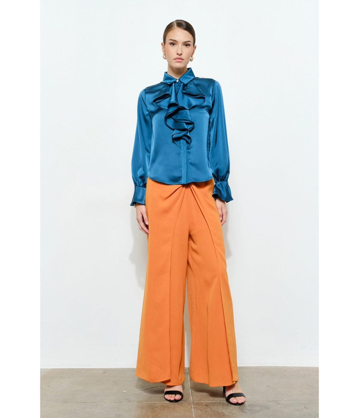 Teal Satin Ruffle Blouse - Unique Vintage - Blouses
