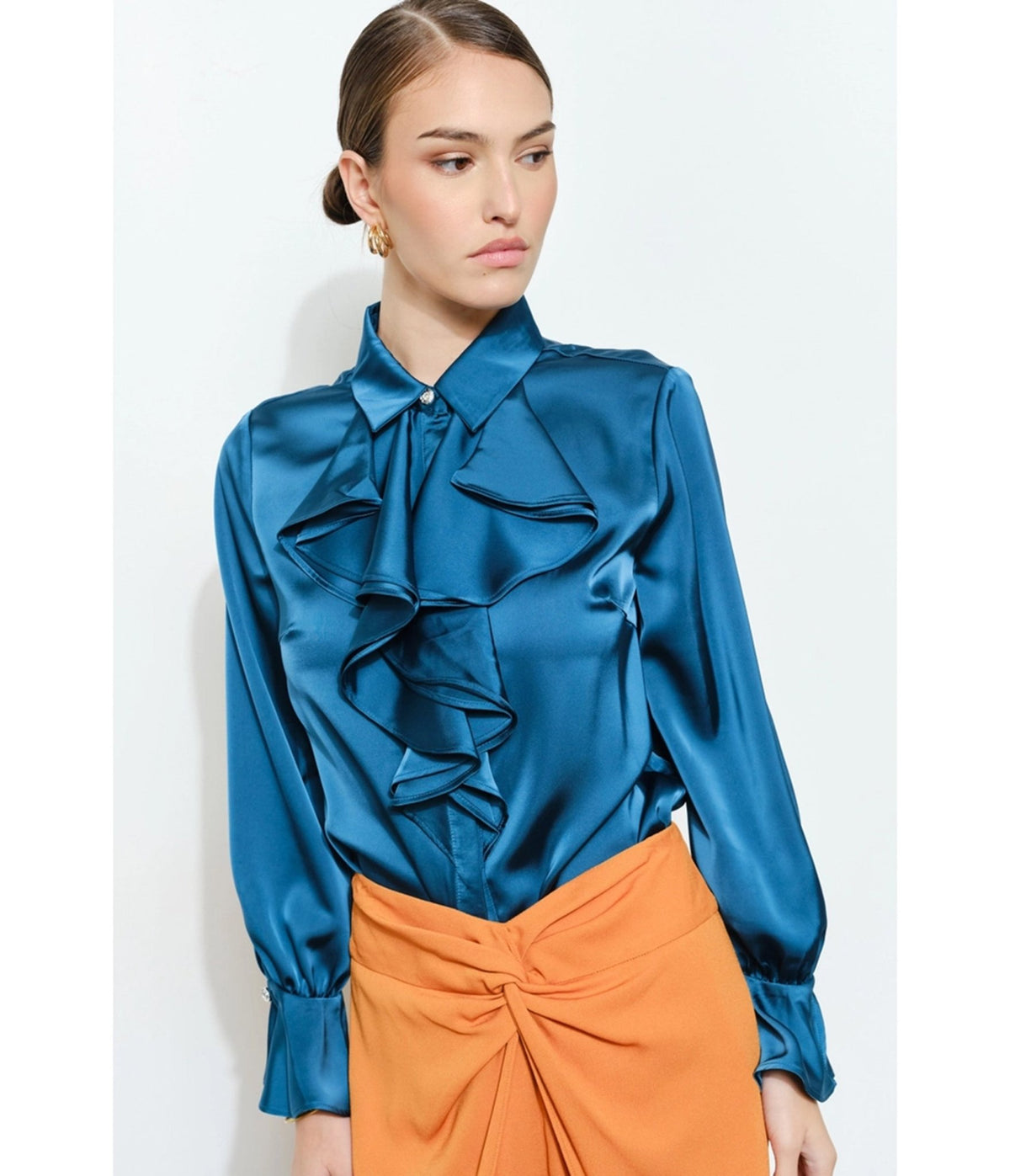 Teal Satin Ruffle Blouse - Unique Vintage - Blouses