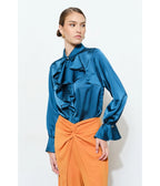 Teal Satin Ruffle Blouse - Unique Vintage - Blouses