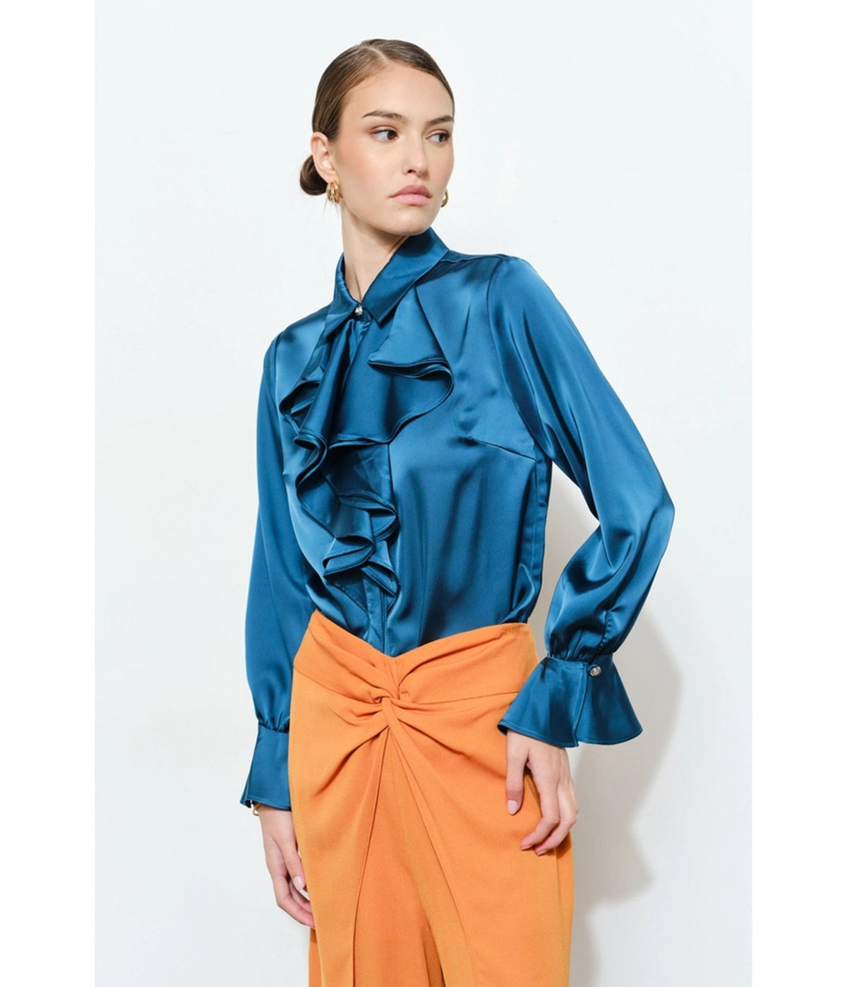 Teal Satin Ruffle Blouse - Unique Vintage - Blouses