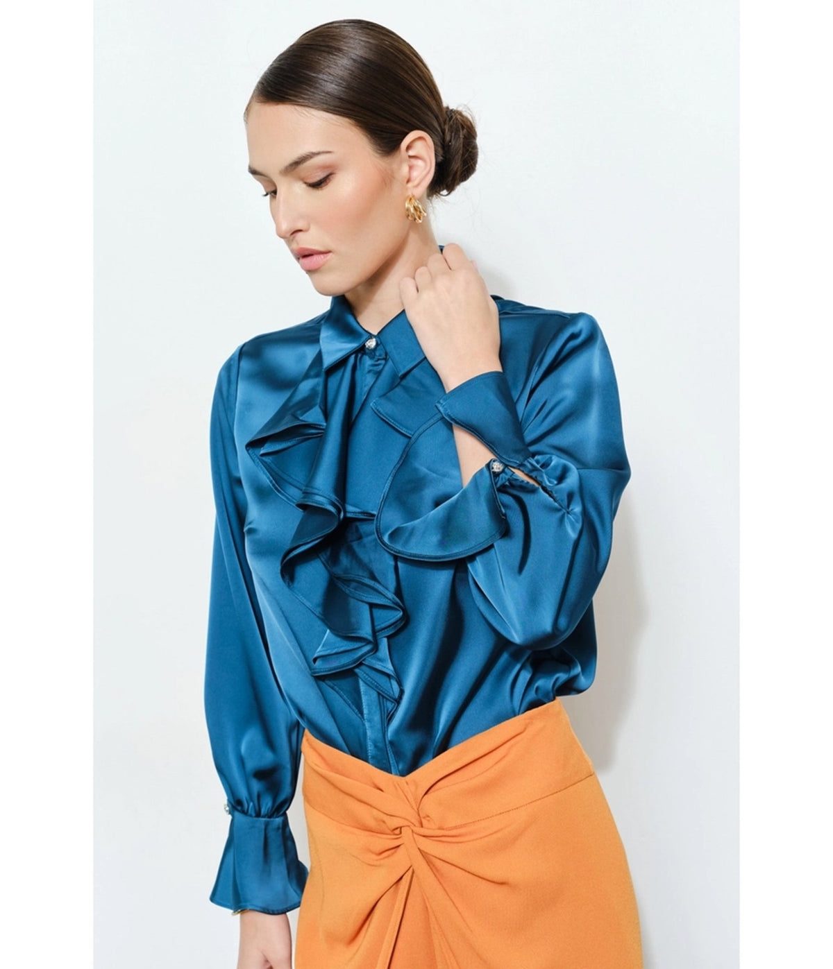 Teal Satin Ruffle Blouse - Unique Vintage - Blouses