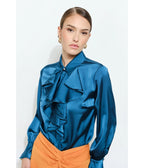 Teal Satin Ruffle Blouse - Unique Vintage - Blouses