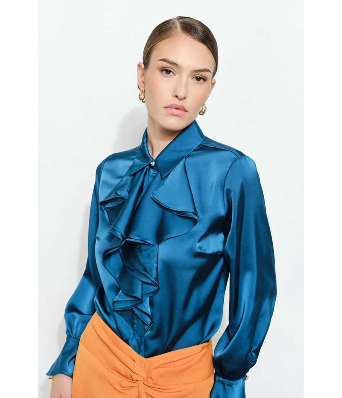 Teal Satin Ruffle Blouse - Unique Vintage - Blouses