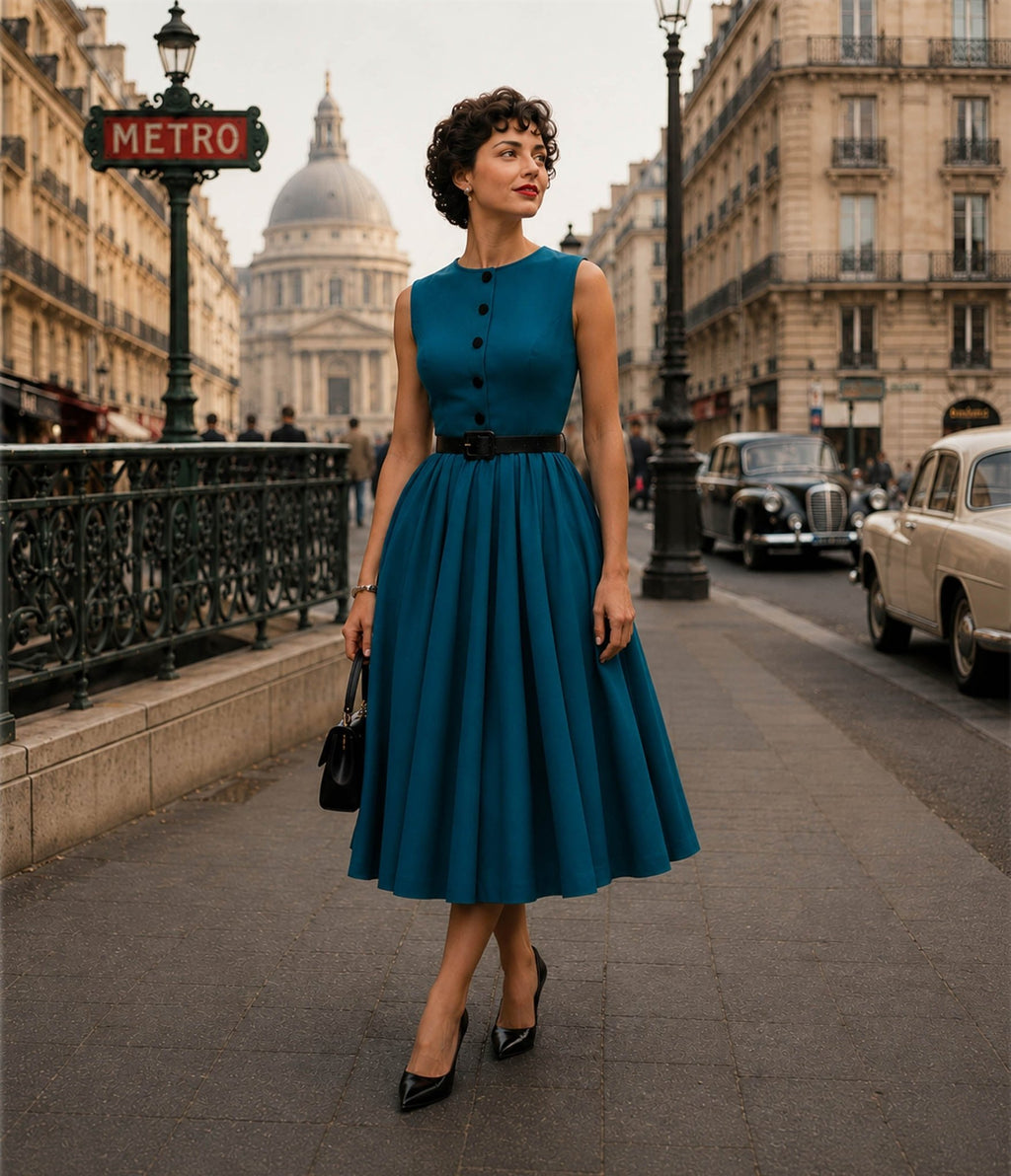 Teal Sleeveless Belted Swing Dress - Unique Vintage - Womens, DRESSES, SWING