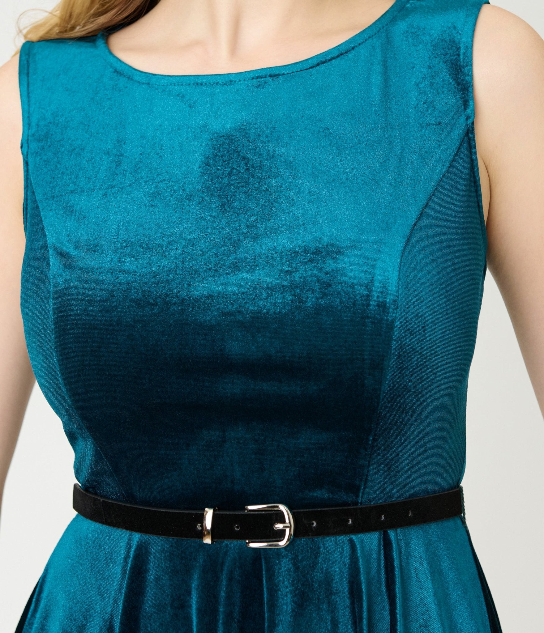 Teal Velvet Belted Swing Dress - Unique Vintage - Womens, DRESSES, SWING
