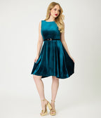 Teal Velvet Belted Swing Dress - Unique Vintage - Womens, DRESSES, SWING