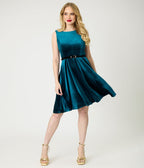 Teal Velvet Belted Swing Dress - Unique Vintage - Womens, DRESSES, SWING