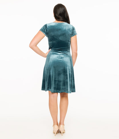Teal Velvet Mini Dress - Unique Vintage - Womens, DRESSES, MIDI