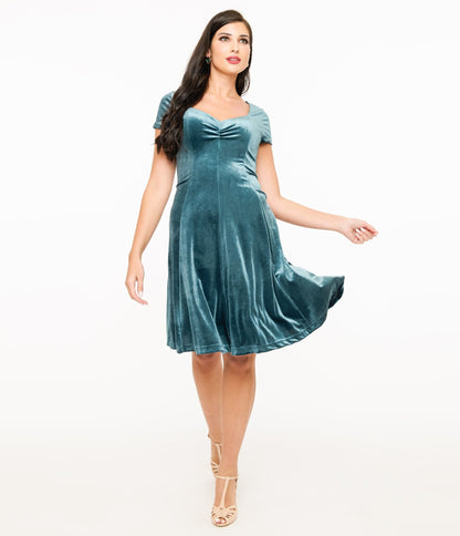 Teal Velvet Mini Dress - Unique Vintage - Womens, DRESSES, MIDI