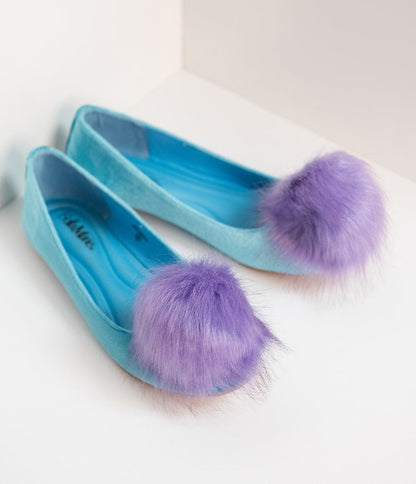 Teal Velvet & Purple Pom Pom Ballet Flats - Unique Vintage - Womens, SHOES, FLATS