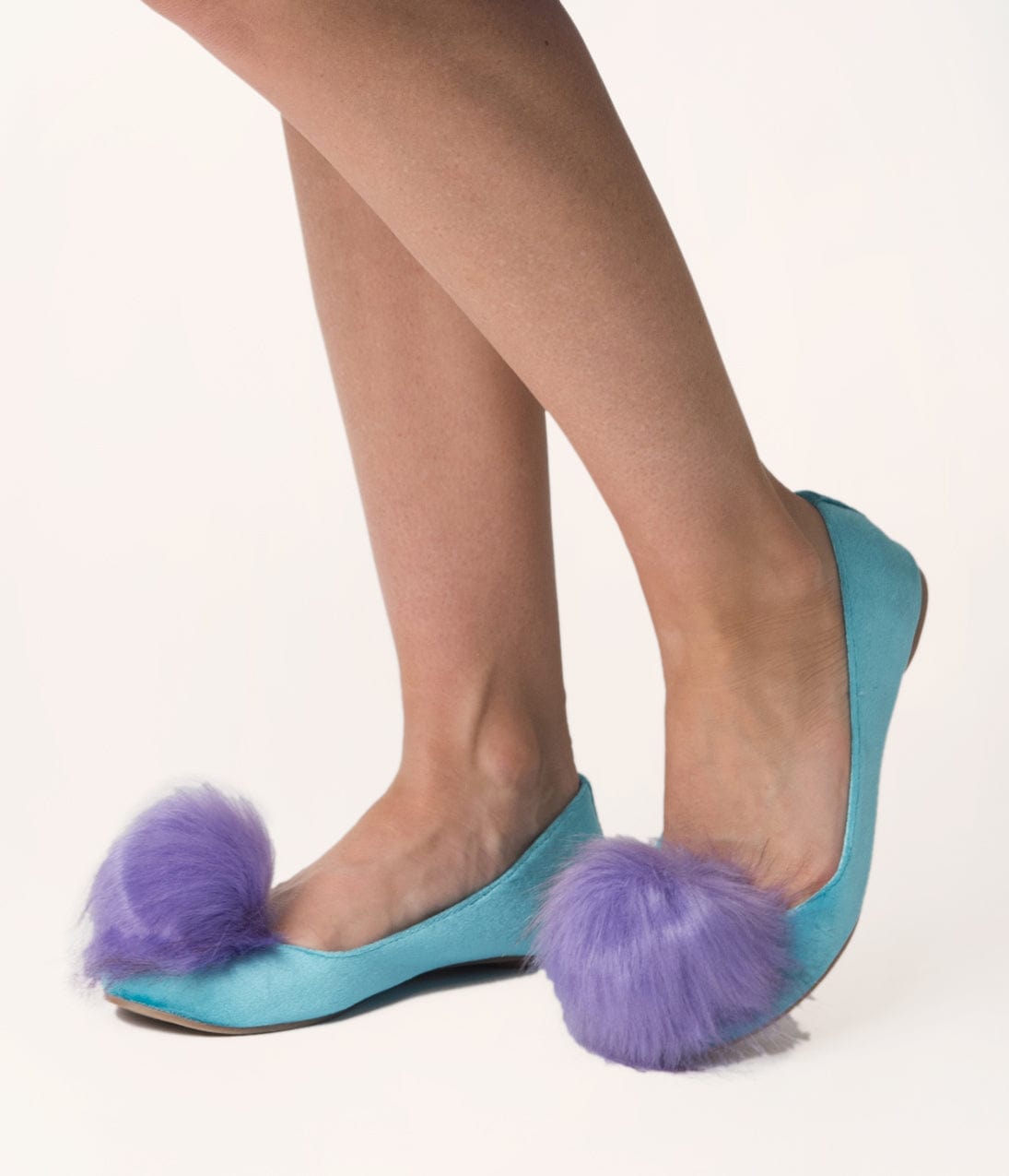 Teal Velvet & Purple Pom Pom Ballet Flats - Unique Vintage - Womens, SHOES, FLATS