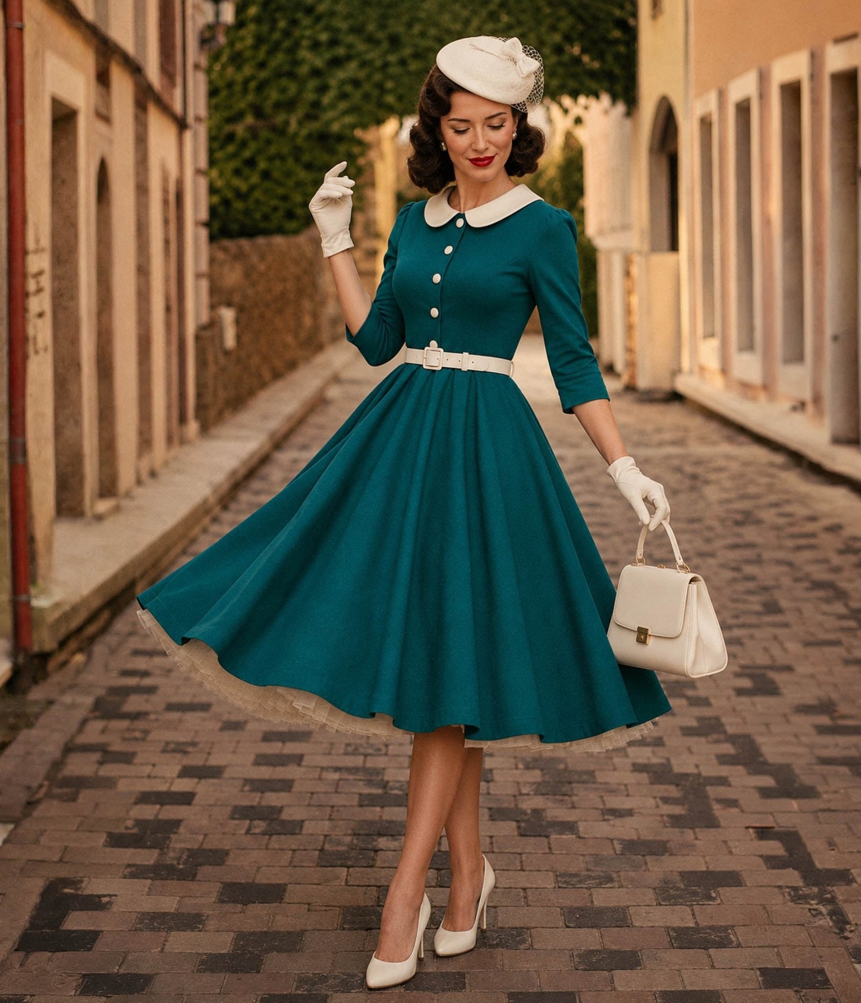 Teal & White Collared Three Quarter Sleeve Swing Dress Small