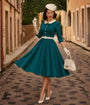 Teal & White Collared Three Quarter Sleeve Swing Dress