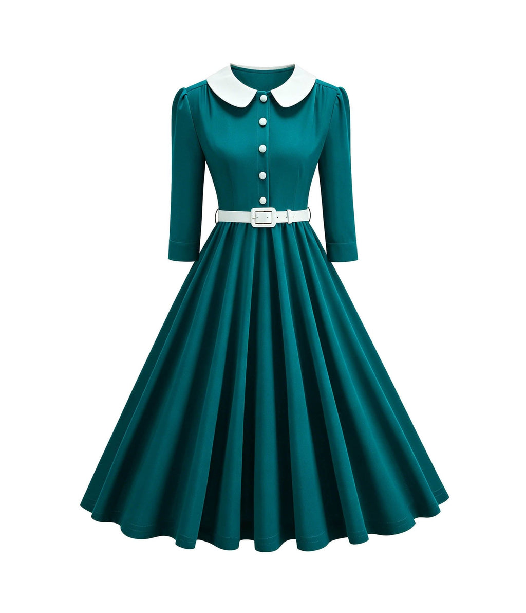 Teal & White Collared Three Quarter Sleeve Swing Dress - Unique Vintage - Womens, DRESSES, SWING