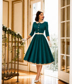 Teal & White Collared Three Quarter Sleeve Swing Dress - Unique Vintage - Womens, DRESSES, SWING