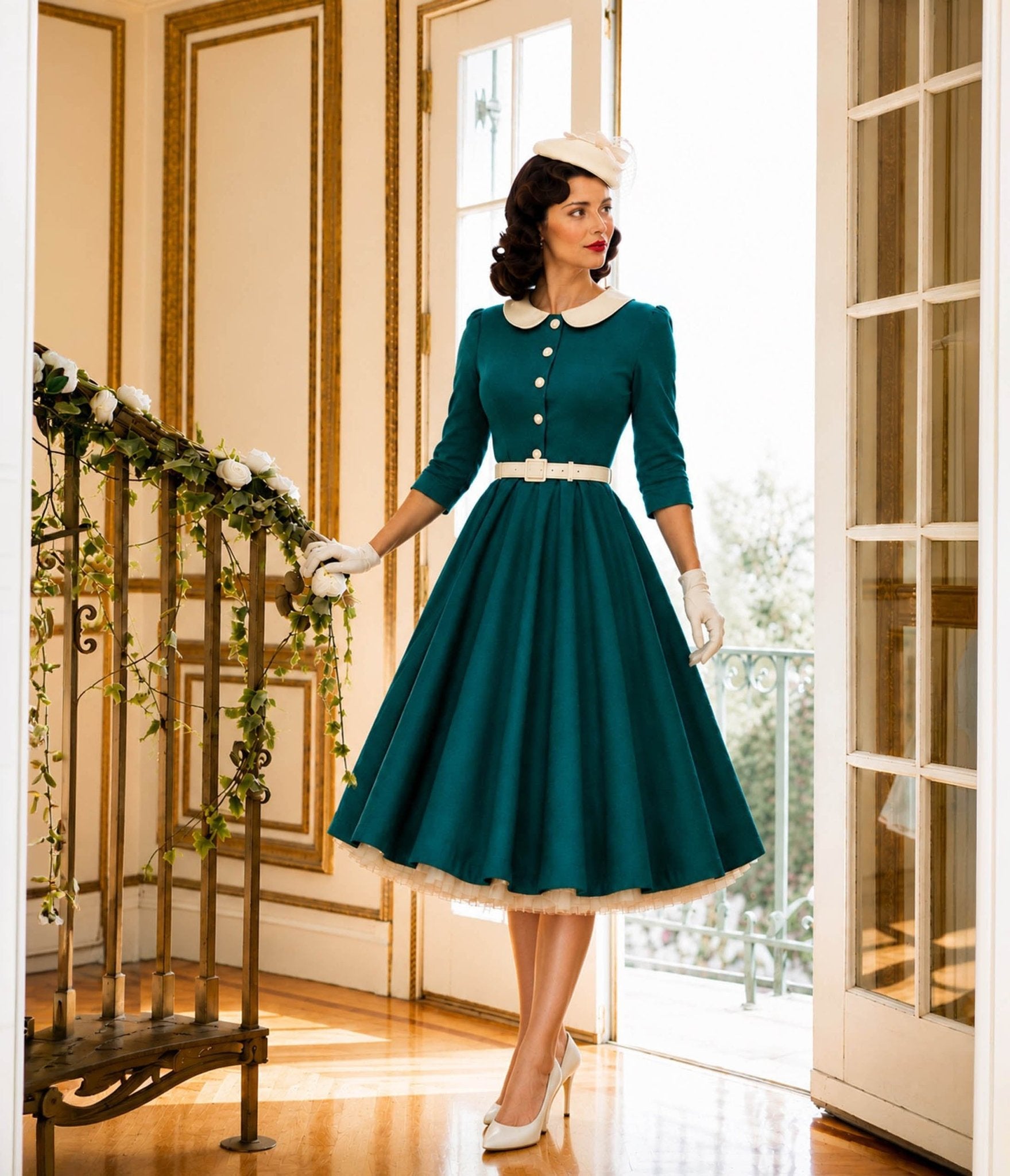 Teal & White Collared Three Quarter Sleeve Swing Dress Small