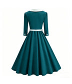 Teal & White Collared Three Quarter Sleeve Swing Dress - Unique Vintage - Womens, DRESSES, SWING