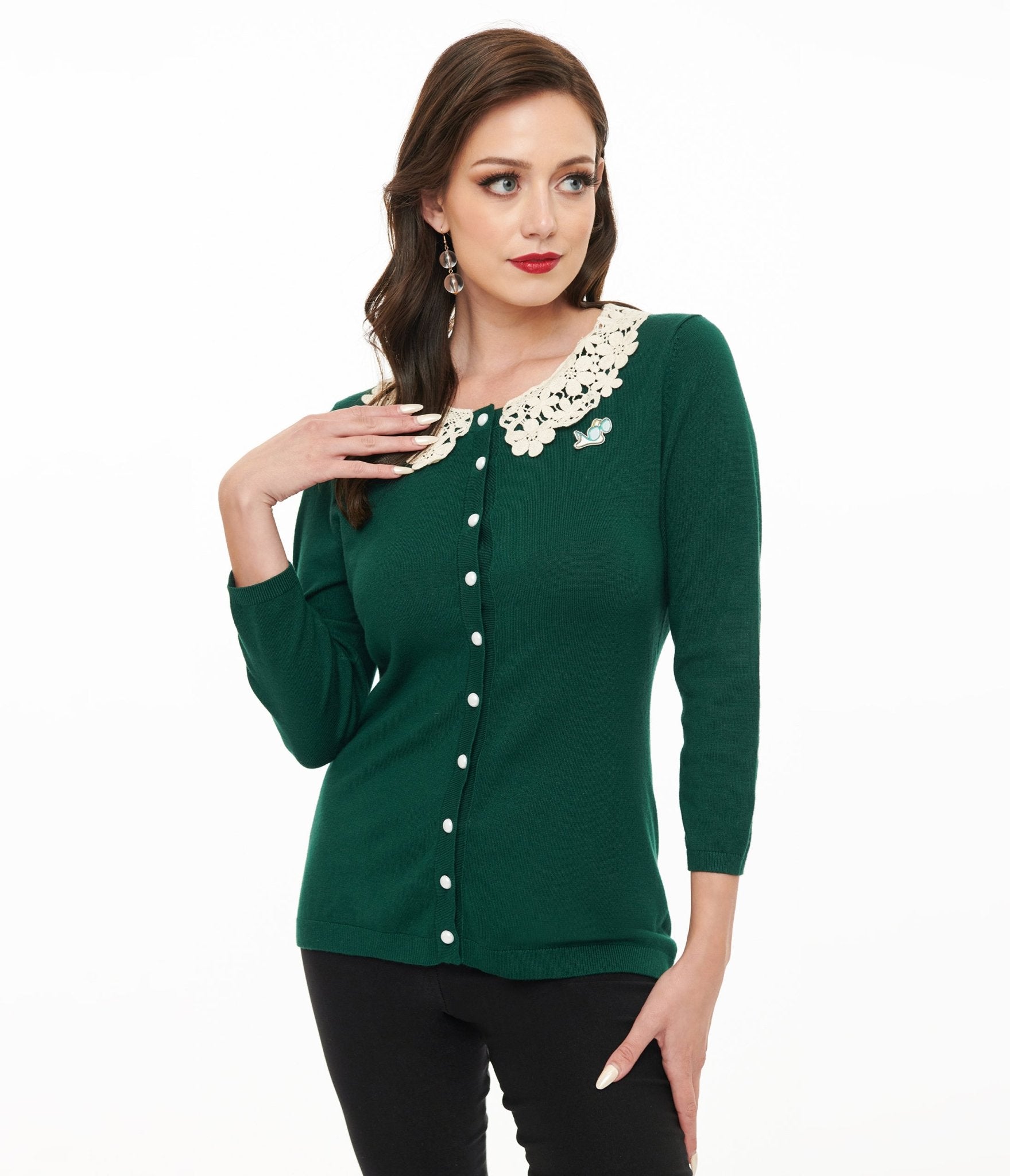 The Golden Girls x Unique Vintage Green & White Lace Sophia Bookworm Cardigan - Unique Vintage - Womens, TOPS, SWEATERS